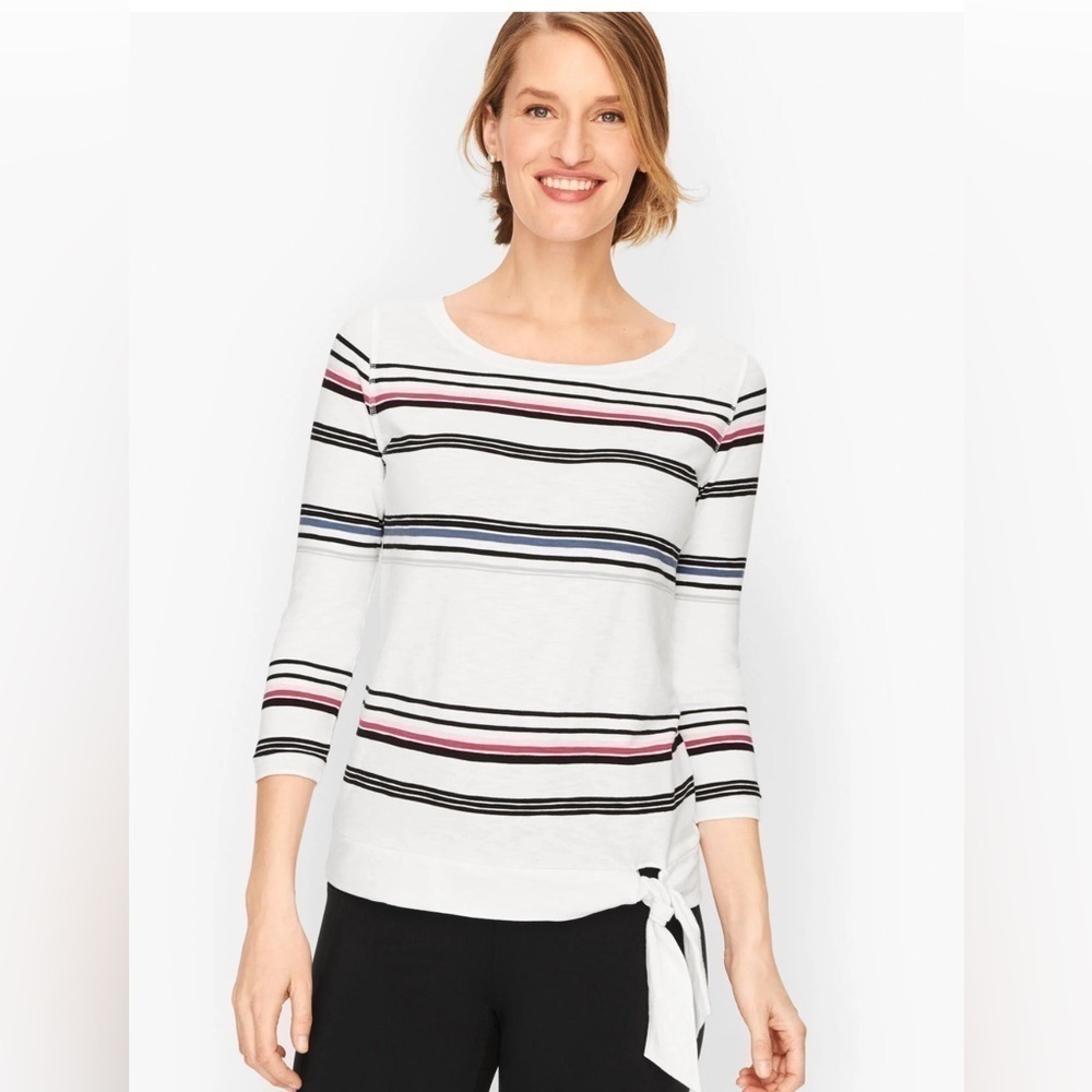 T by TALBOTS striped front tie 3/4 sleeve cotton, spandex woman classic top M
